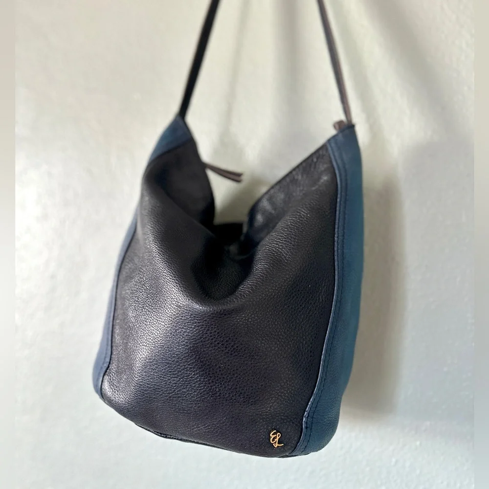 ELLIOTT LUCCA “Keri” Soft Pebbled Leather Bucket Bag | Black & Indigo